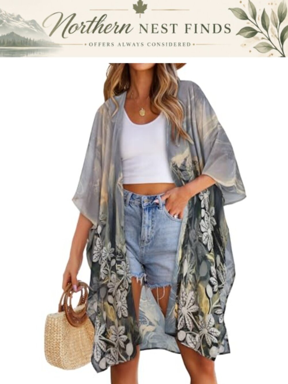 Women's Chiffon Kimono Beach Coverup Floral Print Long Swim Cover Up